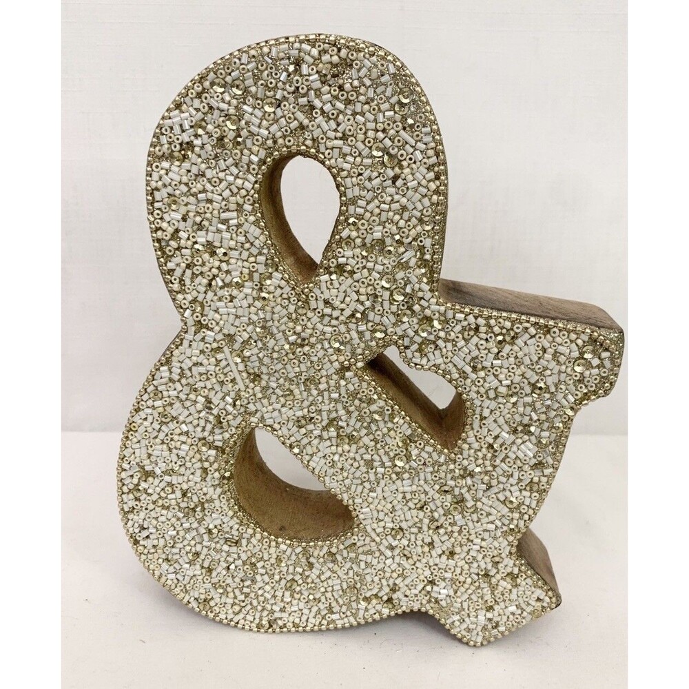 Initial And & Sign Glitter Beads Wooden Home Room Decor Self Standing Gold White